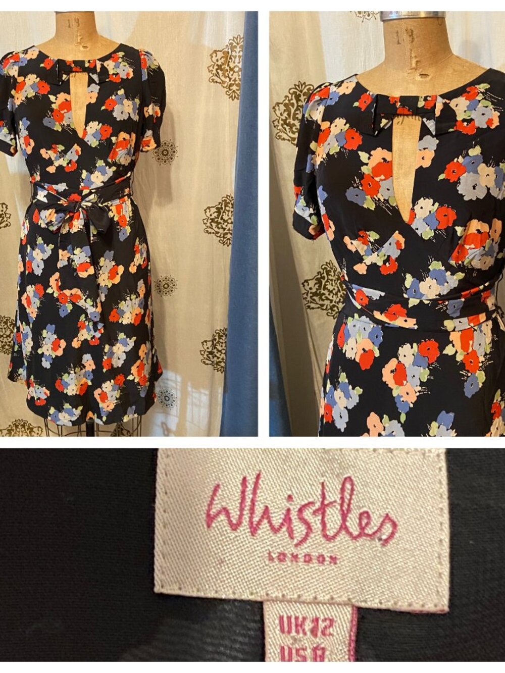 Whistles London 40s Style Silk Dress Floral Keyhole Neckline 8 Wrap Waist Retro